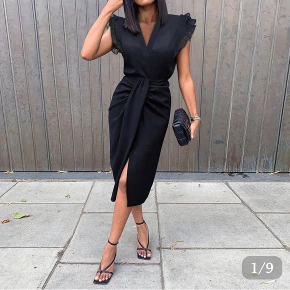 Duweo | Dresses | Black Double Ruffle Sleeveless Plunging Collar High Slit  Dress